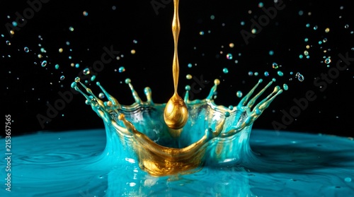 Gold liquid splash crown aqua fluid motion droplet dynamic abstract creation burst.