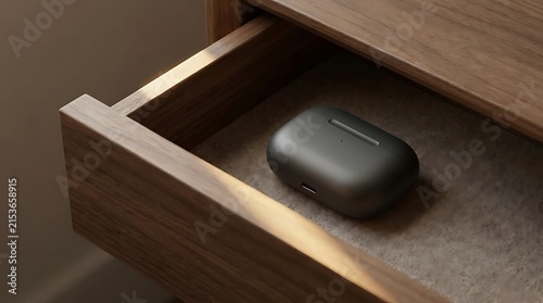 Don't want to talk concept represented by wireless earbuds resting alone inside a dark wooden desk drawer, symbolizing disconnection and solitude