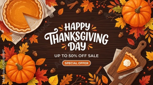 Happy thanksgiving day sale banner with pumpkin pie, pumpkins, autumn leaves and acorns on wooden background