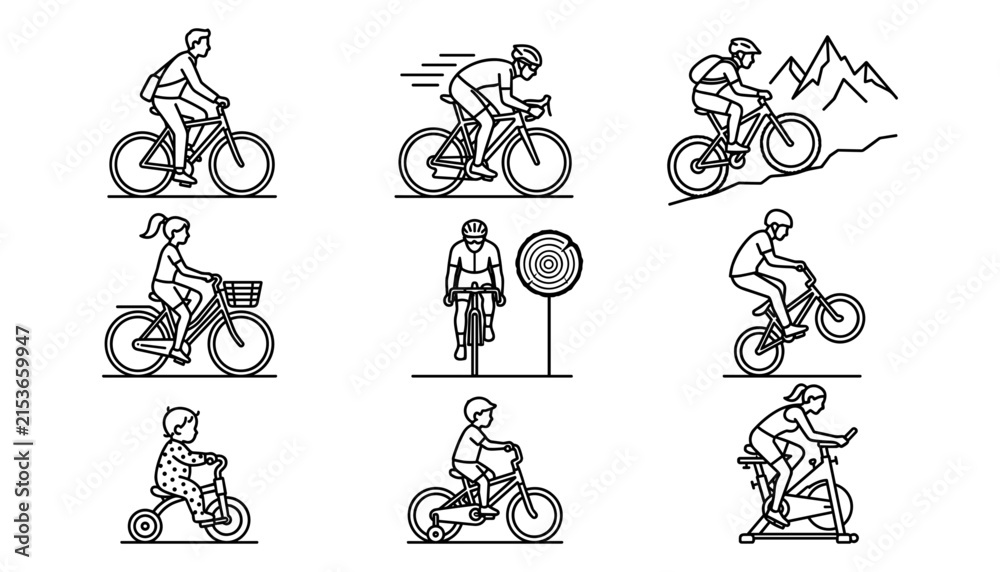 Fototapeta premium Cycling and bicycle sports line icons set with mountain biking racing commuter and stationary exercise vector