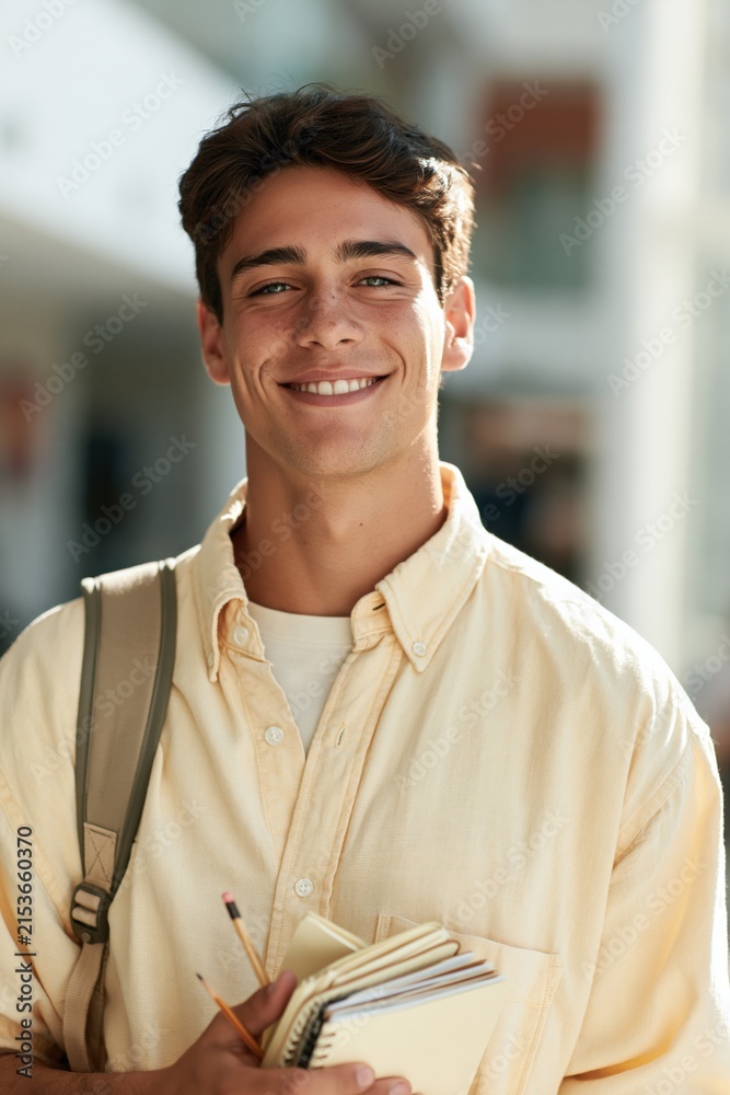 Obraz premium Confident young man in light yellow shirt holding notebooks for university student lifestyle portrait and banner design