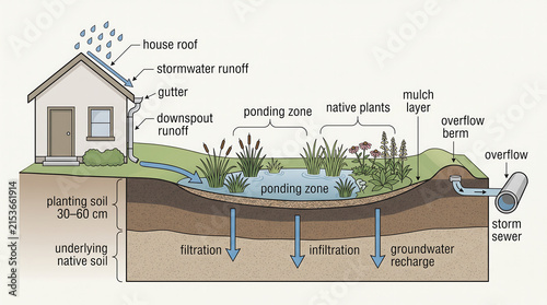 Residential Rainwater Management and Sustainable Drainage System Diagram Showing Roof Runoff, Rain Garden, Ponding Zone, Groundwater Recharge, Filtration and Infiltration