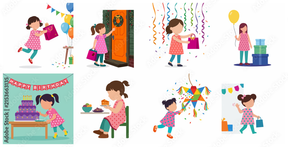Fototapeta premium Set of flat vector illustrations featuring a little girl celebrating a birthday party with gifts, cake, and balloons.