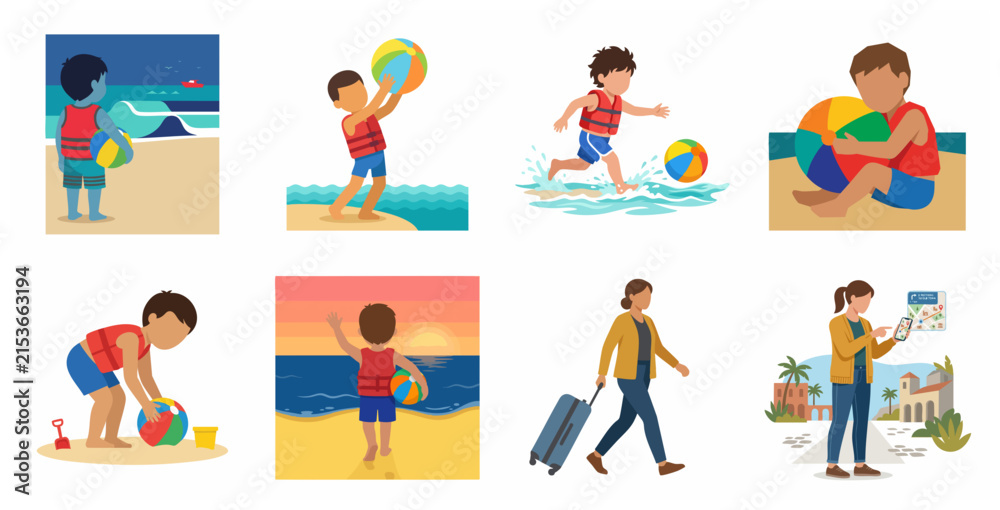Fototapeta premium Flat vector illustration set of children playing at the beach and travelers on summer vacation
