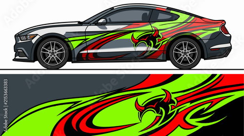 Sporty car with vibrant dragon decal wrap design