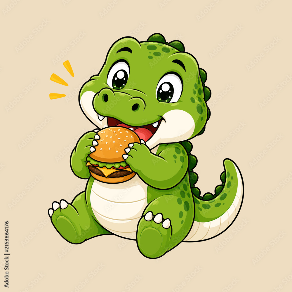 Fototapeta premium Cute Baby Crocodile Enjoys Eating a Delicious Burger