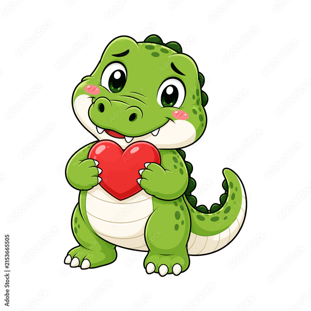 Fototapeta premium Cute Cartoon Alligator Holding a Red Heart Illustration