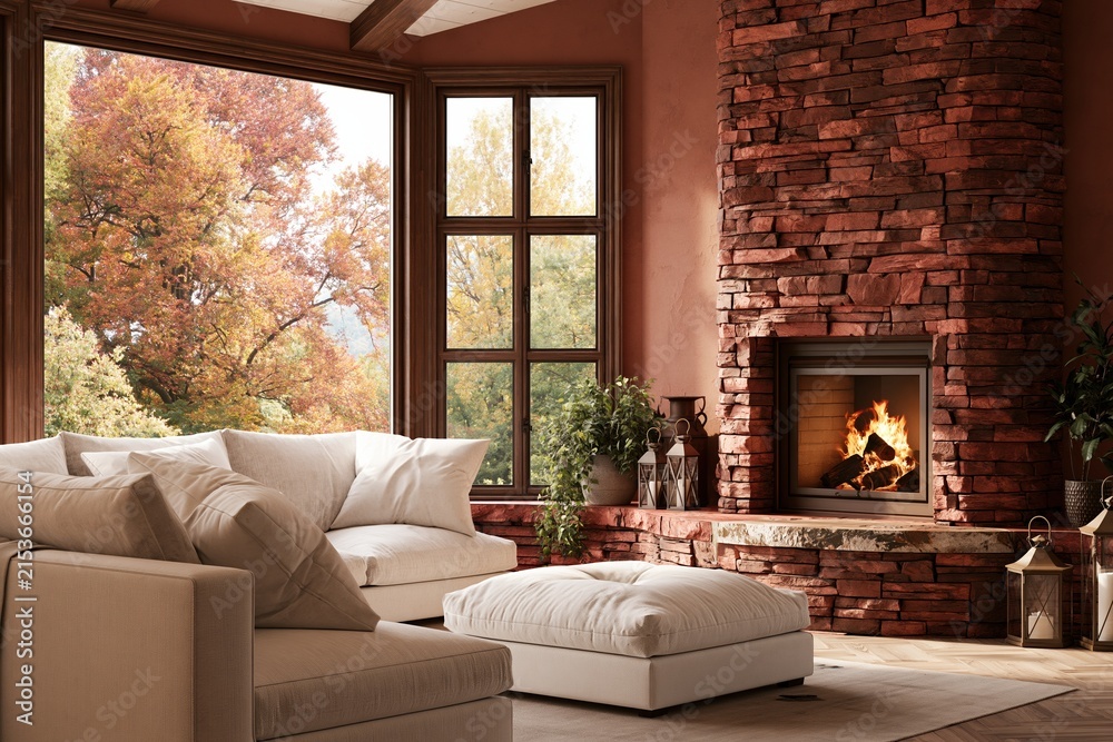 Fototapeta premium Rustic living room with a red stone fireplace and burning fire, featuring a plush white sofa and bay window with autumn views for cozy interior design