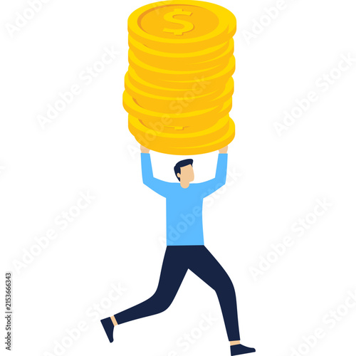 Businessman running with small coin stack toward opportunity