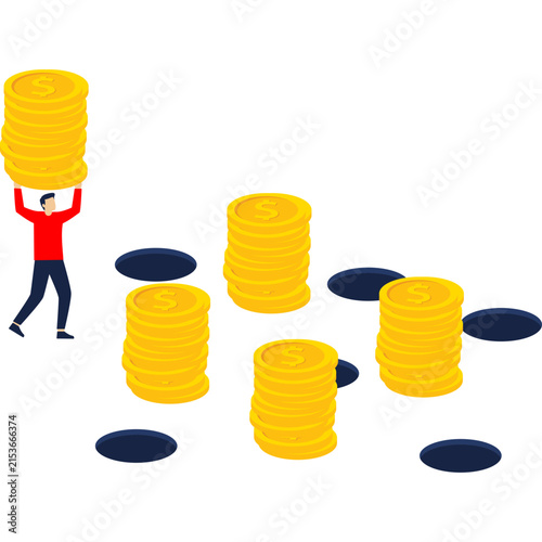 Businessman carrying money stack walking through financial pitfall holes