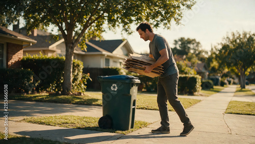 Man carries boxes near green recycling bin. Sunlight glows warmly over suburban street. He walks carefully, focused on task. Quiet neighborhood, homes in soft focus. Perfect for eco-friendly