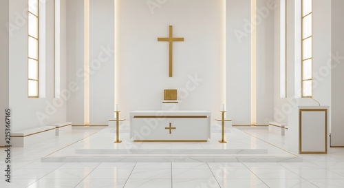 Modern bright church altar with wooden cross and white walls