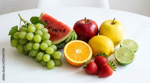Fresh assorted fruits including grapes watermelon apples orange lemons strawberries and limes arranged on clean white surface