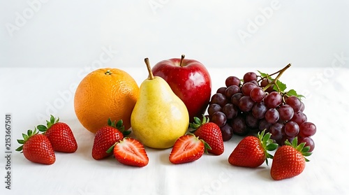 Fresh assorted fruits including strawberries grapes apple orange and pear displayed on a clean surface