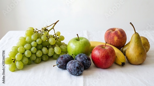 Fresh assorted fruits including grapes bananas apples pears and plums displayed on white cloth