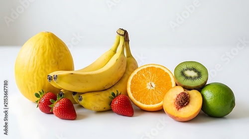 Fresh assorted tropical and citrus fruits arranged on clean white surface for healthy eating display