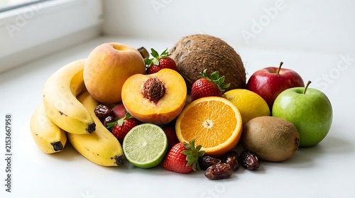 Fresh assorted tropical and temperate fruits arranged beautifully on a clean white surface