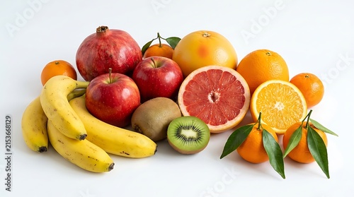 Fresh assorted tropical and temperate fruits arranged beautifully on clean white surface for healthy lifestyle inspiration
