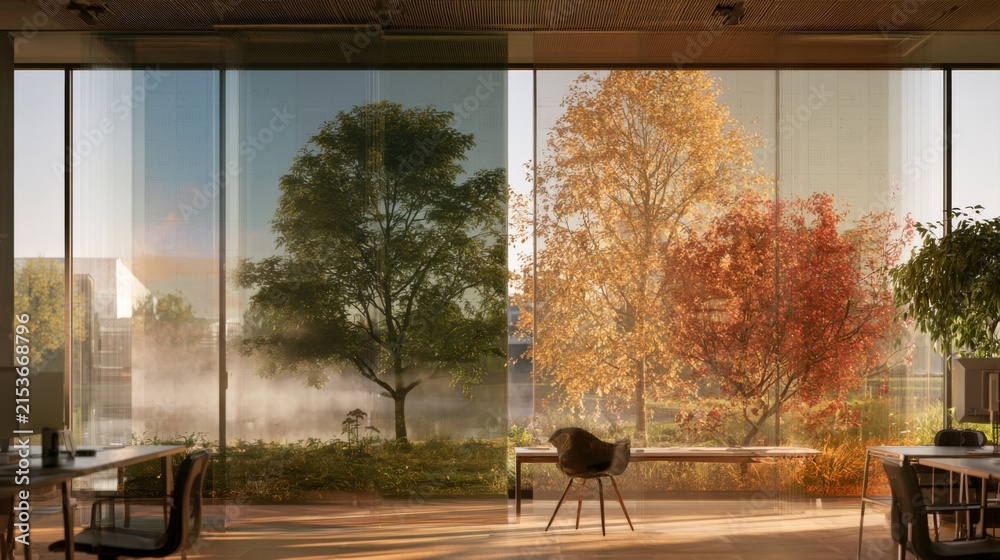 Fototapeta premium Enormous Transparent Wall Calendar with Overlapping Seasonal Landscapes in Modern Office Interior