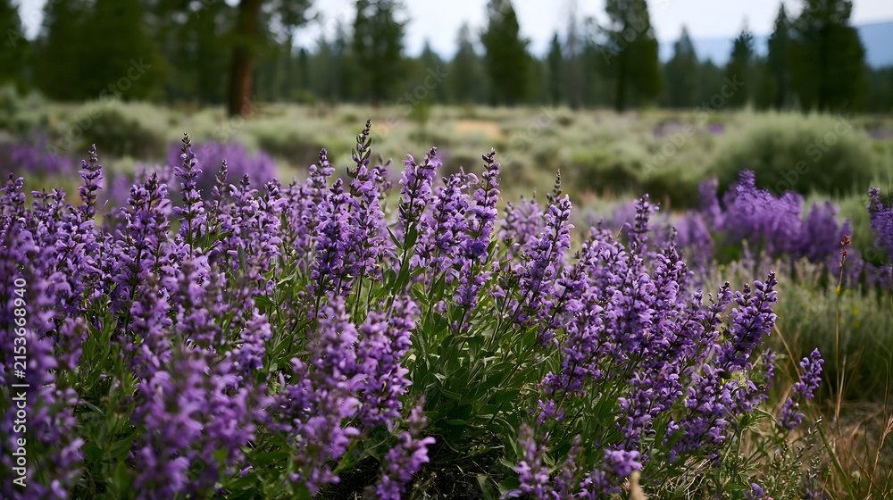 Obraz premium A vibrant field of purple sage flowers blooming under natural daylight with green foliage and distant trees