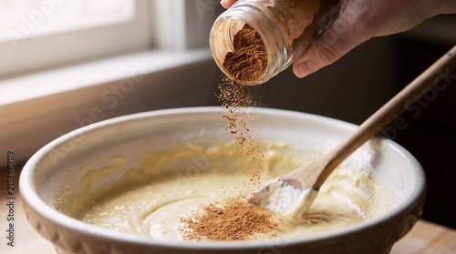 Hand Sprinkling Cinnamon Spice into Cake Batter Bowl, Close Up of Home Baking Process with Wooden Spoon and Natural Light