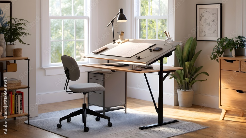 Fototapeta premium A modern adjustable drafting desk with a rolling chair sits under bright in a minimalist home office space