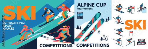 Ski international sport games posters, alpine cup tournament competition banners, flat vector winter sports athlete collection