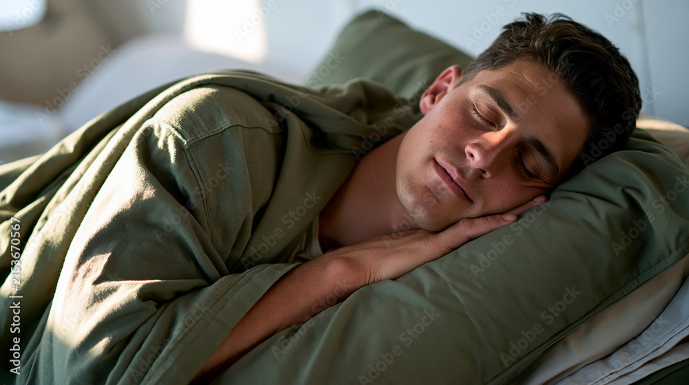 Fototapeta premium Man comfortably sleeping in a camping-style bed setup, minimalist room, restful concept, with copy space