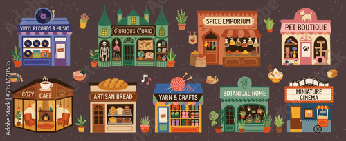 Vintage storefront collection, set of 9 retro shop facades. Flat vector boutique illustrations for city street map design.