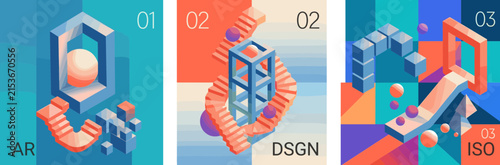 Isometric abstract geometric poster set, 3 vector illustrations with 3D shapes. Modern architectural concept art with stairs and spheres.