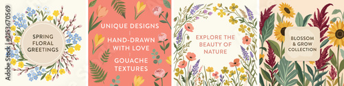 Gouache floral greeting cards set, hand-drawn botanical spring illustrations, blossom and grow collection with unique flower designs