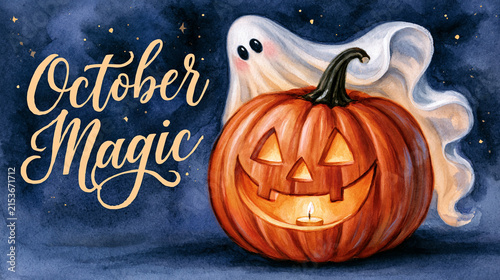 Watercolor Halloween illustration, whimsical side view of a playful little ghost peeking out from behind a tall jack-o'-lantern, soft glowing candlelight inside the pumpkin, clean