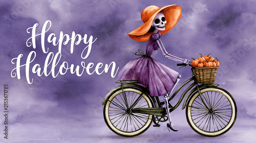 Watercolor Halloween illustration, whimsical side view of a stylish female skeleton riding a vintage bicycle, wearing a warm orange wide-brim hat and a purple outfit, basket on the