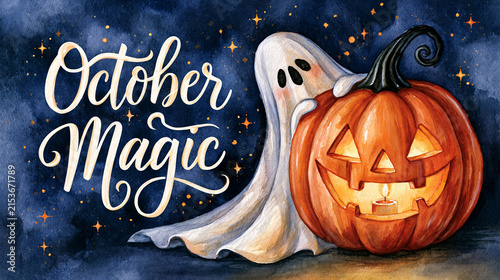Watercolor Halloween illustration, whimsical side view of a playful little ghost peeking out from behind a tall jack-o'-lantern, soft glowing candlelight inside the pumpkin, clean