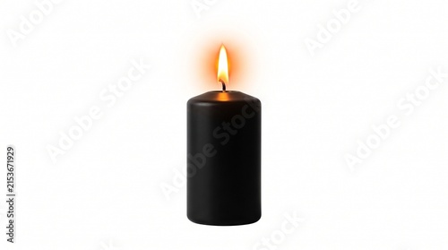 Burning black candle with glowing flame isolated on white background