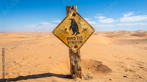 Yellow Penguin Crossing Road Sign in Desert Sand Dunes Under Blue Sky
