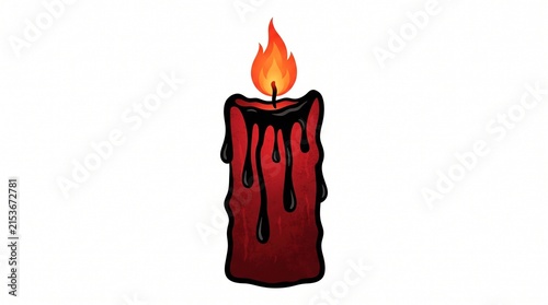 Burning red candle with melting wax isolated on white background