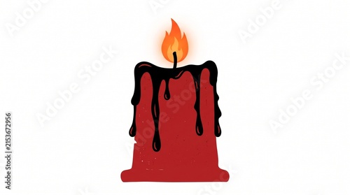 Burning red candle with melting wax isolated on white background for holiday decor.