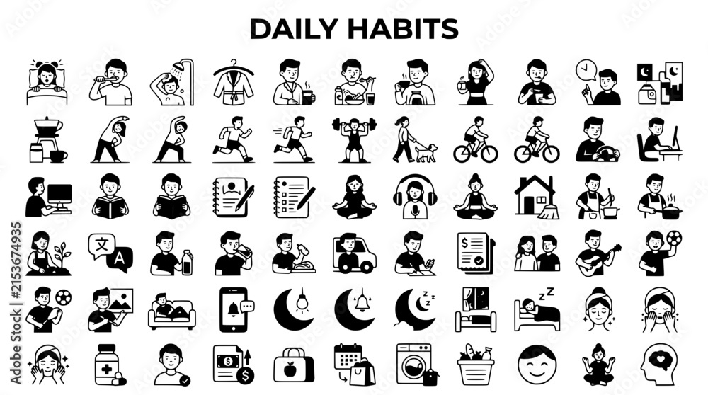 Obraz premium Daily Habits Vector Icon Set of People, Business, Web, Internet, Travel, Media, Computer, Network Symbols and Arrows for Modern Design