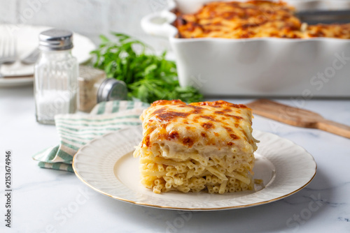 Canvastavla Slice of Traditional Baked Pasta Pastitsio with Béchamel Sauce and Melted Cheese