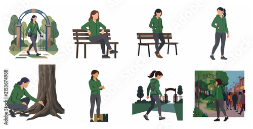 Set of flat illustrations featuring a woman in a green hoodie engaged in various outdoor activities like walking in the park, sitting on a bench, and urban exploration.