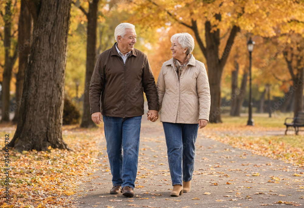 Obraz premium Happy senior couple holding hands while walking along a paved path in a park with golden autumn foliage