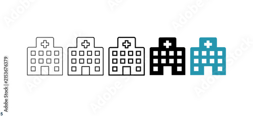 Minimalist hospital icon set, medical building vector symbols in 5 styles, healthcare clinic line art and solid icons for UI design ,Clean grouped each Icon