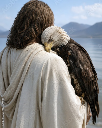Jesus stands by a serene lake, cradling a sick bald eagle while the distant mountains rise beneath a clear blue sky, enhancing the tranquility of the scene