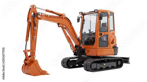Konstfotografi Orange compact excavator with tracks on black isolated on png transparent backgr