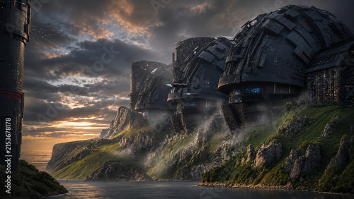 space ships hovering outside three massive nautilus inspired sci-fi structures built into a beautiful seaside cliff during golden hour sunset - Digital fantasy art