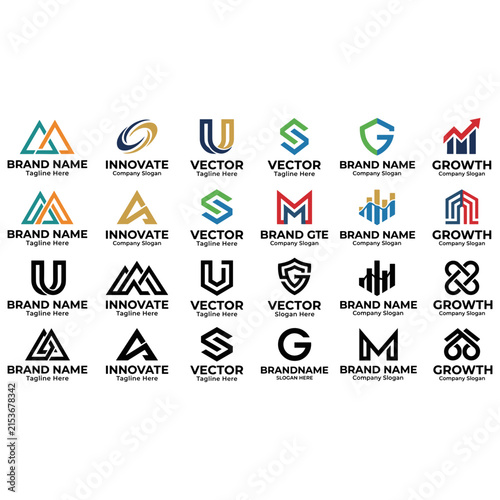 Collection of stylized alphabet letters and brand name placeholders with growth and innovation vector icons.