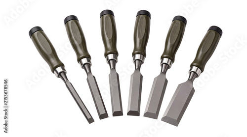 Foto Set of six woodworking chisels with dark green isolated on png transparent backg