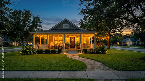 Illuminated Craftsman Style House Exterior at Dusk with Warm Porch Lights, Suburban Home with Manicured Lawn and Walkway Evening View