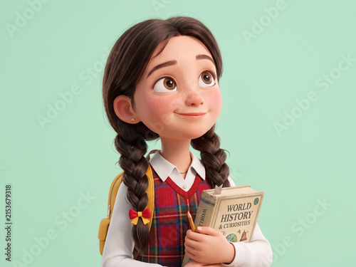 Cute cartoon 3d schoolgirl holding book.